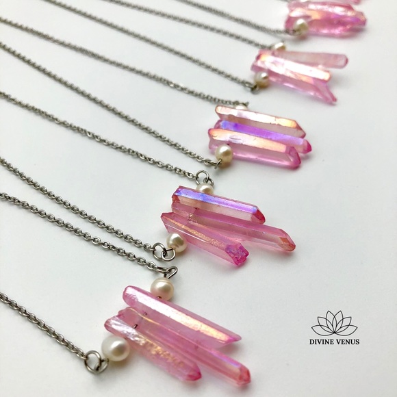 Angel Aura Pink Quartz x Pearls Necklace | Stainless Steel Chain - Picture 9 of 15
